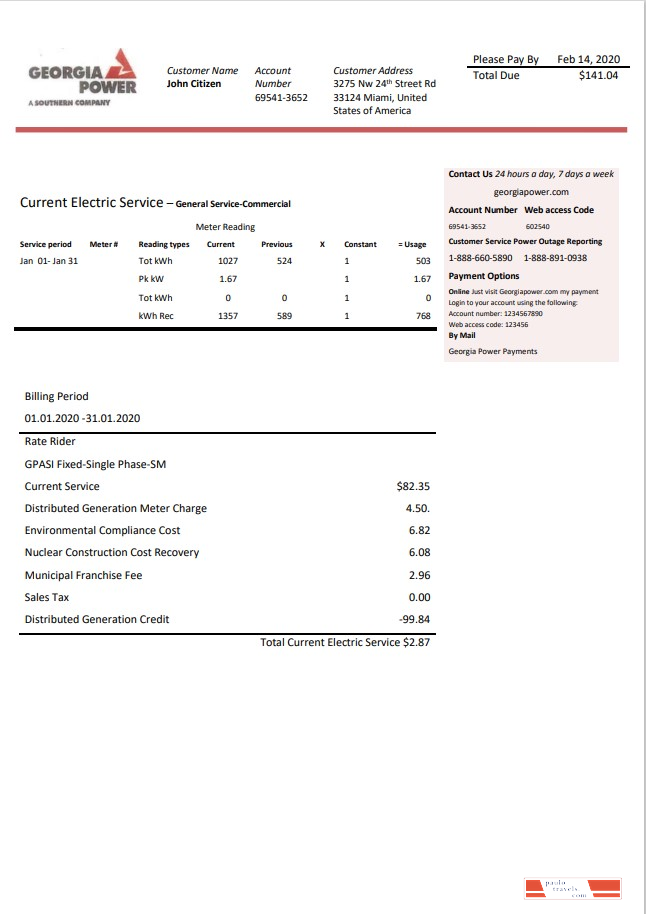 USA Georgia Power utility bill template in Word and PDF format, fully editable